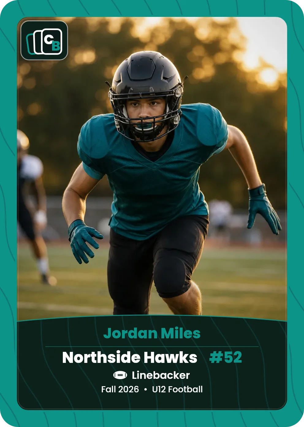 Custom football trading card made from a player photo, with team, position, and season on the nameplate